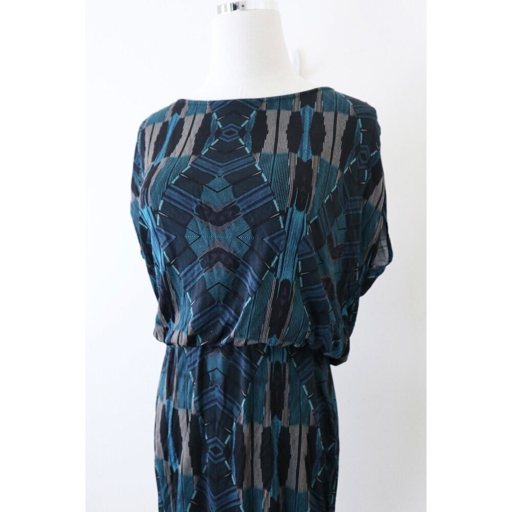 Dolce Vita Size M Geometric Print Dress Leather Cutout Back Ruched Teal Blue - Picture 4 of 13
